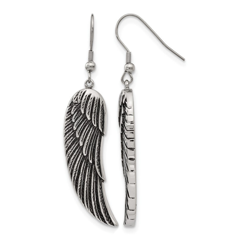 Stainless Steel Chisel Antiqued And Polished Wing Dangle Shepherd Hook Earrings