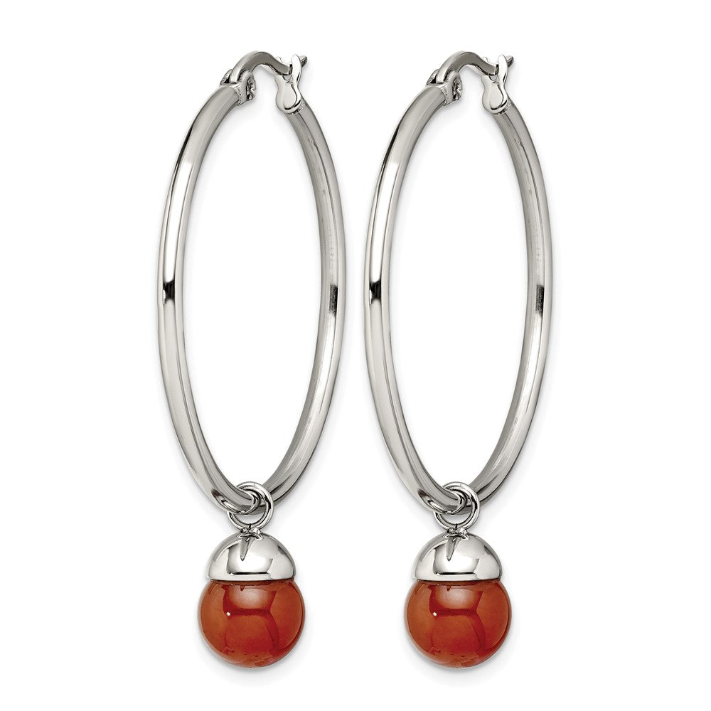 Stainless Steel Chisel Polished With Red Agate Dangle Hoop Earrings