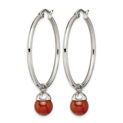 Stainless Steel Chisel Polished With Red Agate Dangle Hoop Earrings