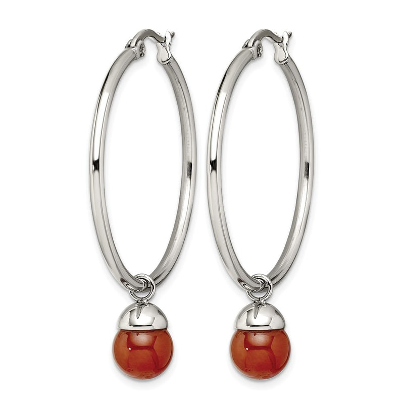 Stainless Steel Chisel Polished With Red Agate Dangle Hoop Earrings