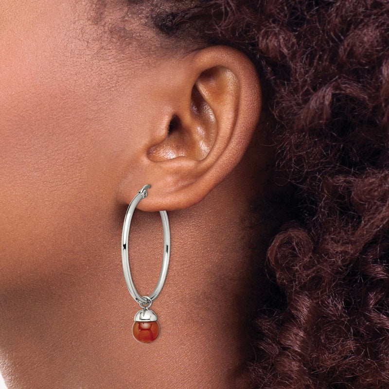 Stainless Steel Chisel Polished With Red Agate Dangle Hoop Earrings