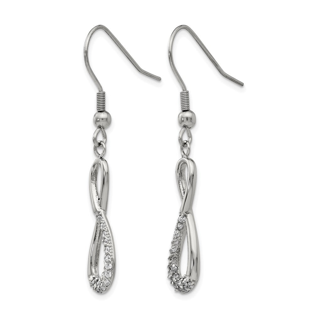 Stainless Steel Chisel Polished With Cz Infinity Dangle Shepherd Hook Earrings
