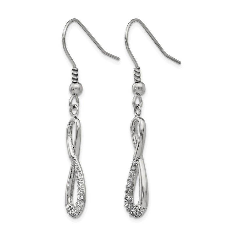 Stainless Steel Chisel Polished With Cz Infinity Dangle Shepherd Hook Earrings