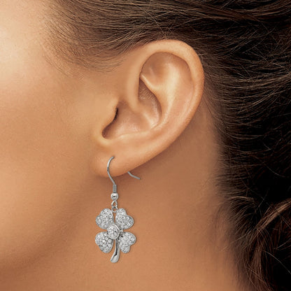 Stainless Steel Chisel Polished With Cz 4-Leaf Clover Dangle Shepherd Hook Earrings