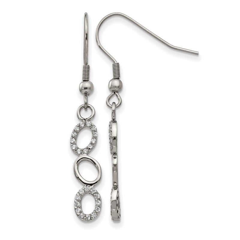 Stainless Steel Polished W/Cz Oval Dangle Shepherd Hook Earrings