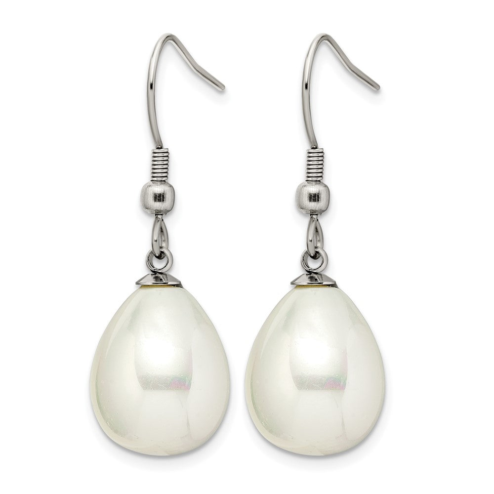 Stainless Steel Chisel Polished Shell Pearl Dangle Shepherd Hook Earrings