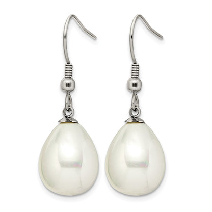 Stainless Steel Chisel Polished Shell Pearl Dangle Shepherd Hook Earrings