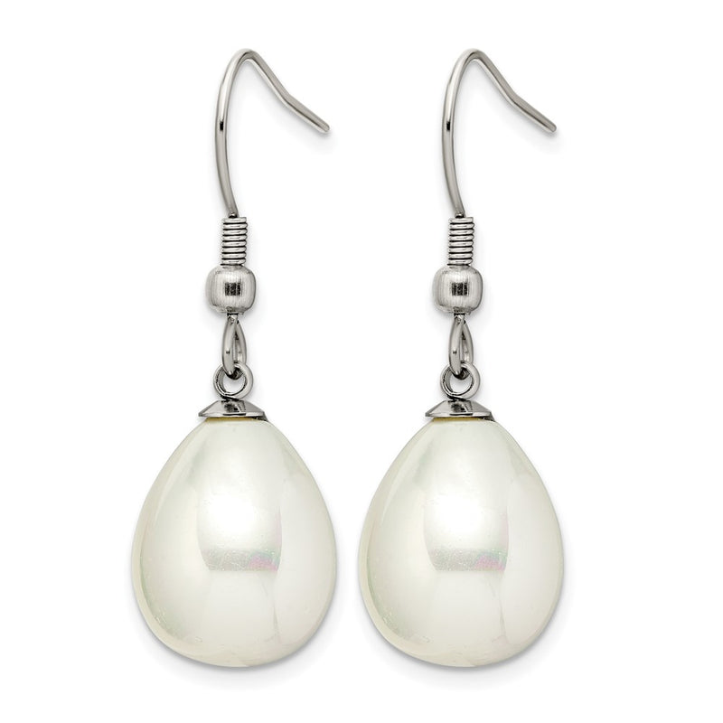 Stainless Steel Chisel Polished Shell Pearl Dangle Shepherd Hook Earrings