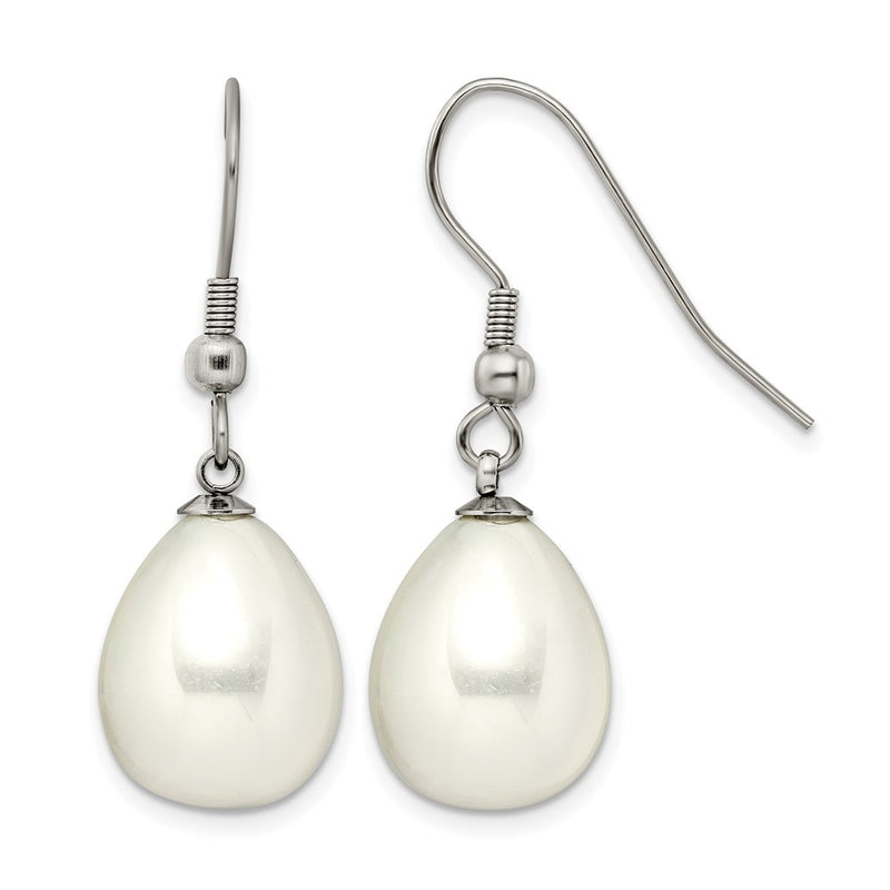 Stainless Steel Chisel Polished Shell Pearl Dangle Shepherd Hook Earrings