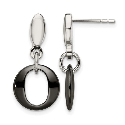 Stainless Steel Chisel Polished With Black Ceramic Post Dangle Earrings