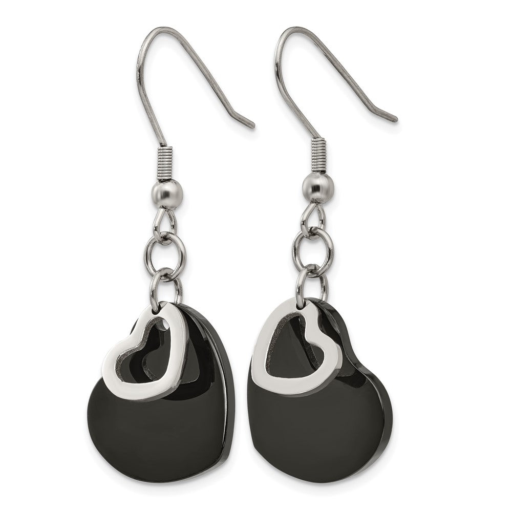 Stainless Steel Chisel Polished Black Ip-Plated Heart Dangle Earrings