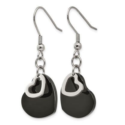 Stainless Steel Chisel Polished Black Ip-Plated Heart Dangle Earrings