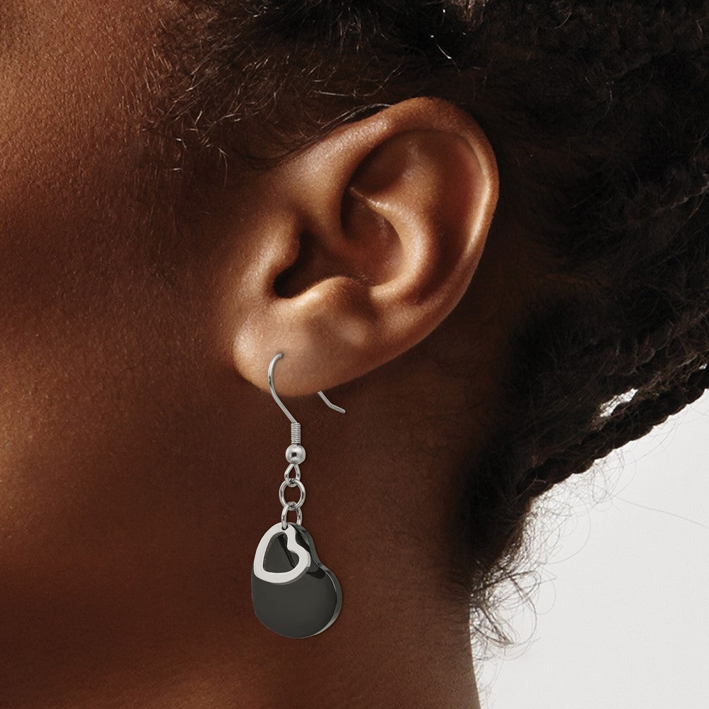 Stainless Steel Chisel Polished Black Ip-Plated Heart Dangle Earrings