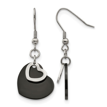 Stainless Steel Chisel Polished Black Ip-Plated Heart Dangle Earrings