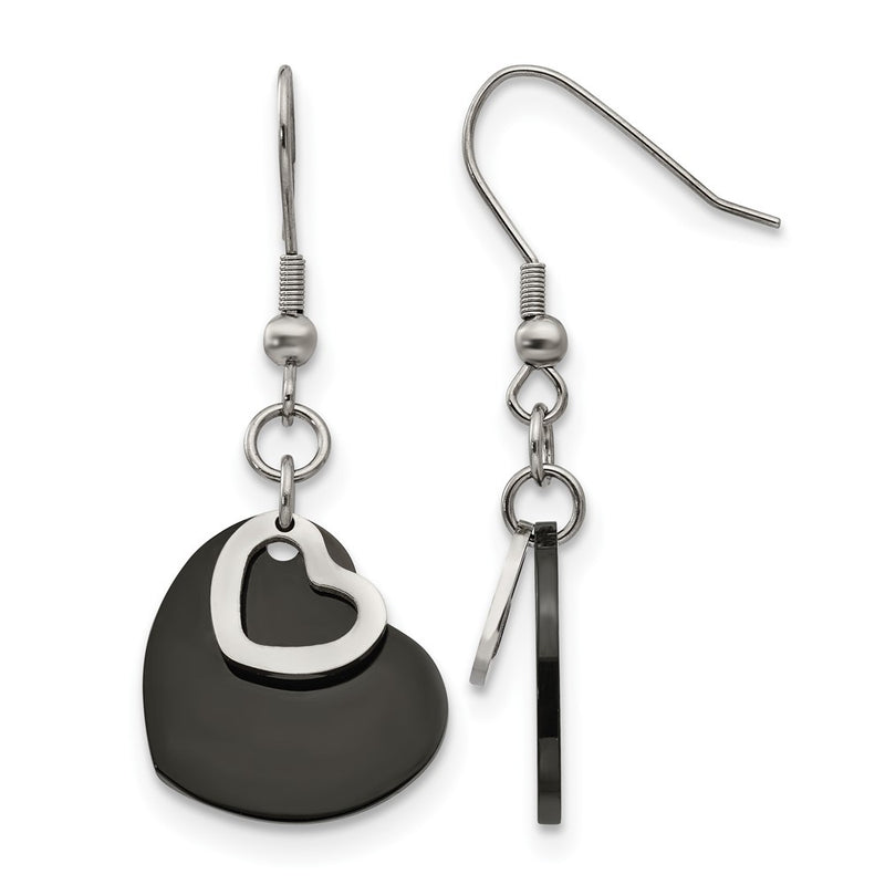 Stainless Steel Chisel Polished Black Ip-Plated Heart Dangle Earrings