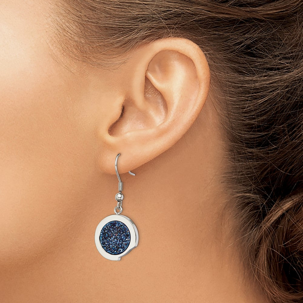 Stainless Steel Polished With Blue Druzy Dangle Shepherd Hook Earrings