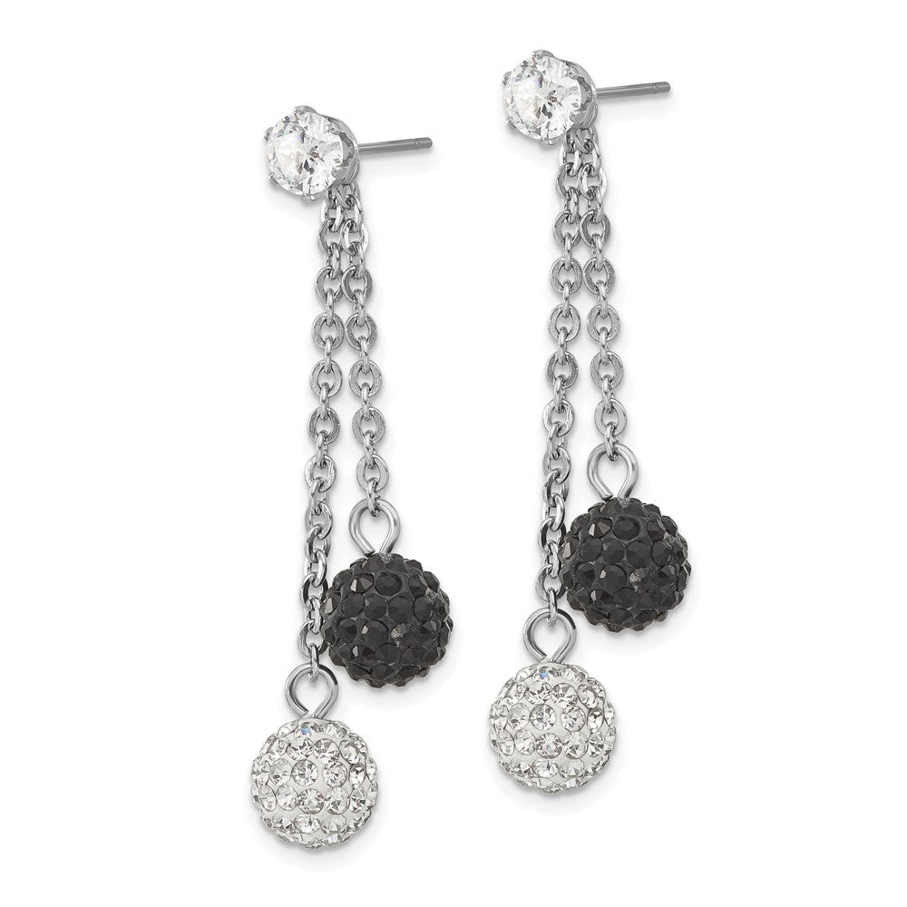 Stainless Steel Polished Black And White Crystal Post Dangle Earrings