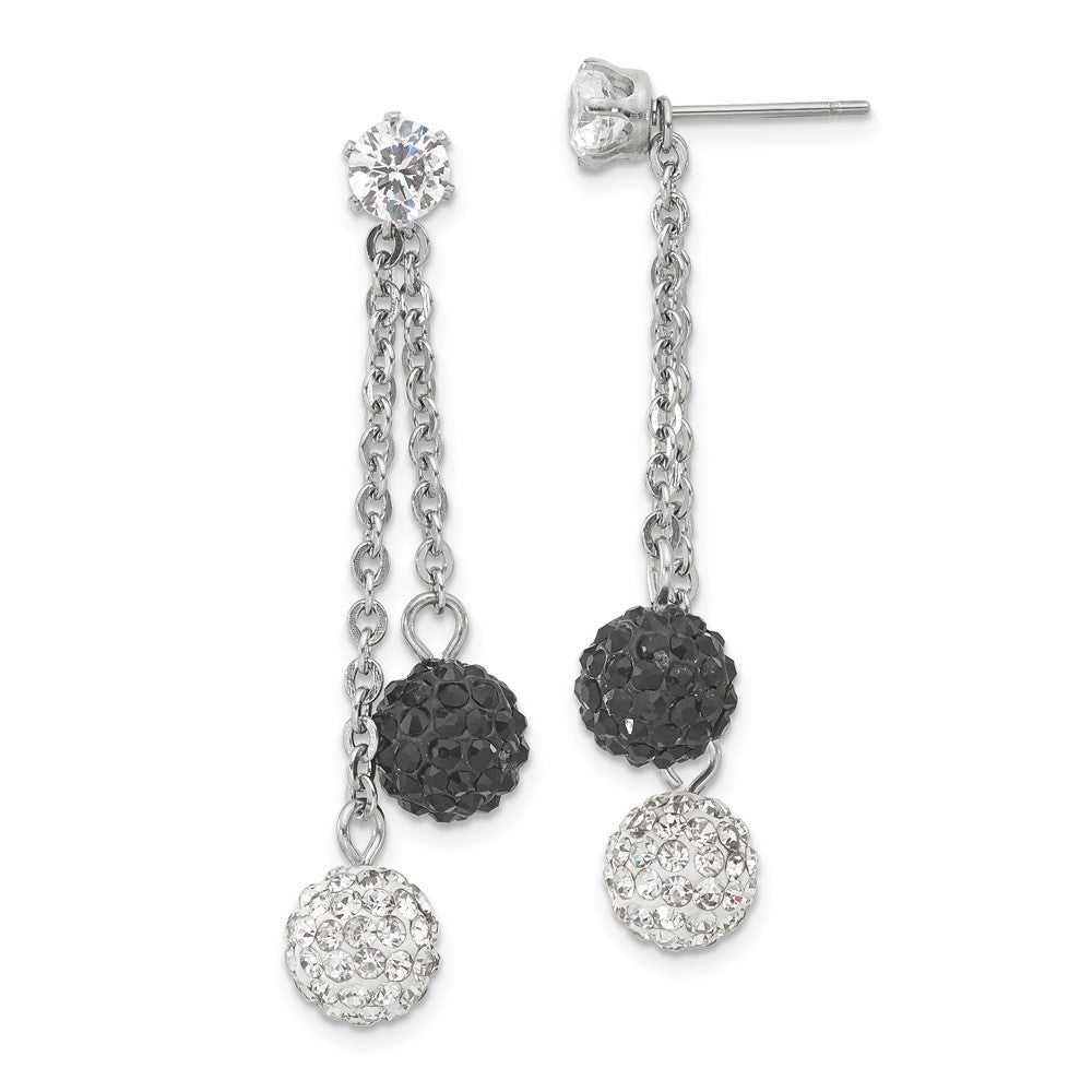 Stainless Steel Polished Black And White Crystal Post Dangle Earrings
