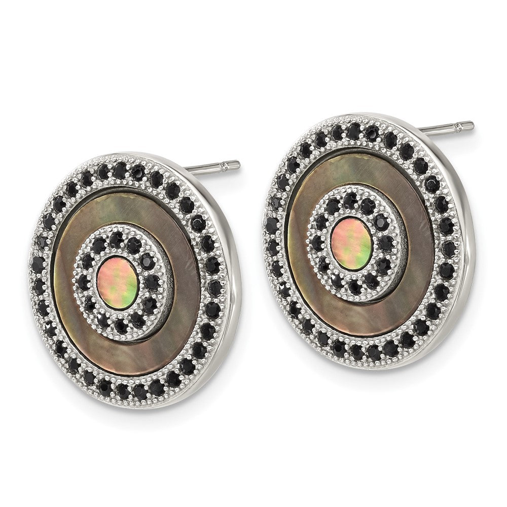 Stainless Steel Polished Black Mother Of Pearl/Crystal Post Earrings