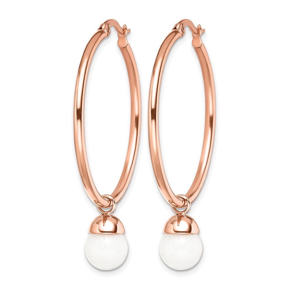 Stainless Steel Chisel Polished Rose Ip-Plated With White Jade Dangle Hoop Earrings