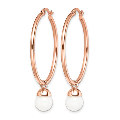 Stainless Steel Chisel Polished Rose Ip-Plated With White Jade Dangle Hoop Earrings