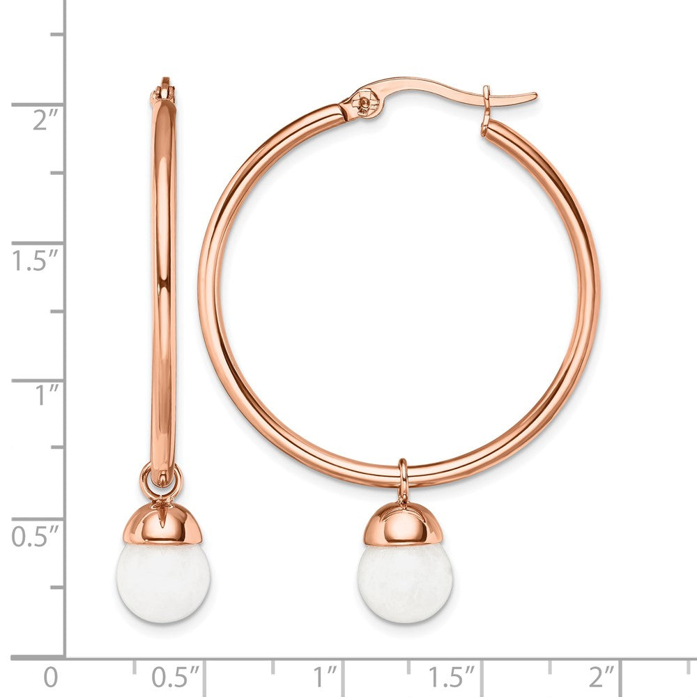 Stainless Steel Chisel Polished Rose Ip-Plated With White Jade Dangle Hoop Earrings