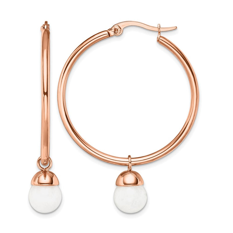 Stainless Steel Chisel Polished Rose Ip-Plated With White Jade Dangle Hoop Earrings