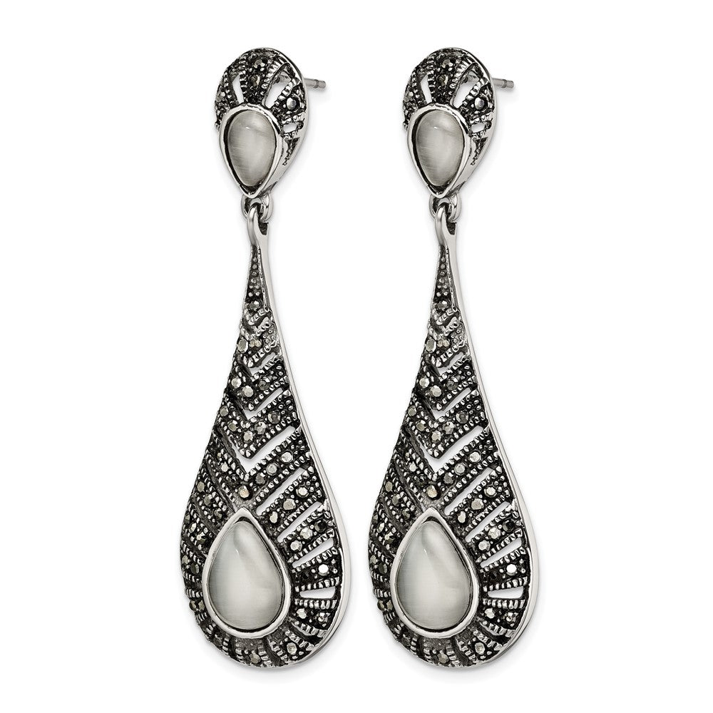 Stainless Steel Polished Marcasite Cat'S Eye Post Dangle Earrings