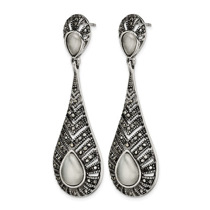 Stainless Steel Polished Marcasite Cat'S Eye Post Dangle Earrings