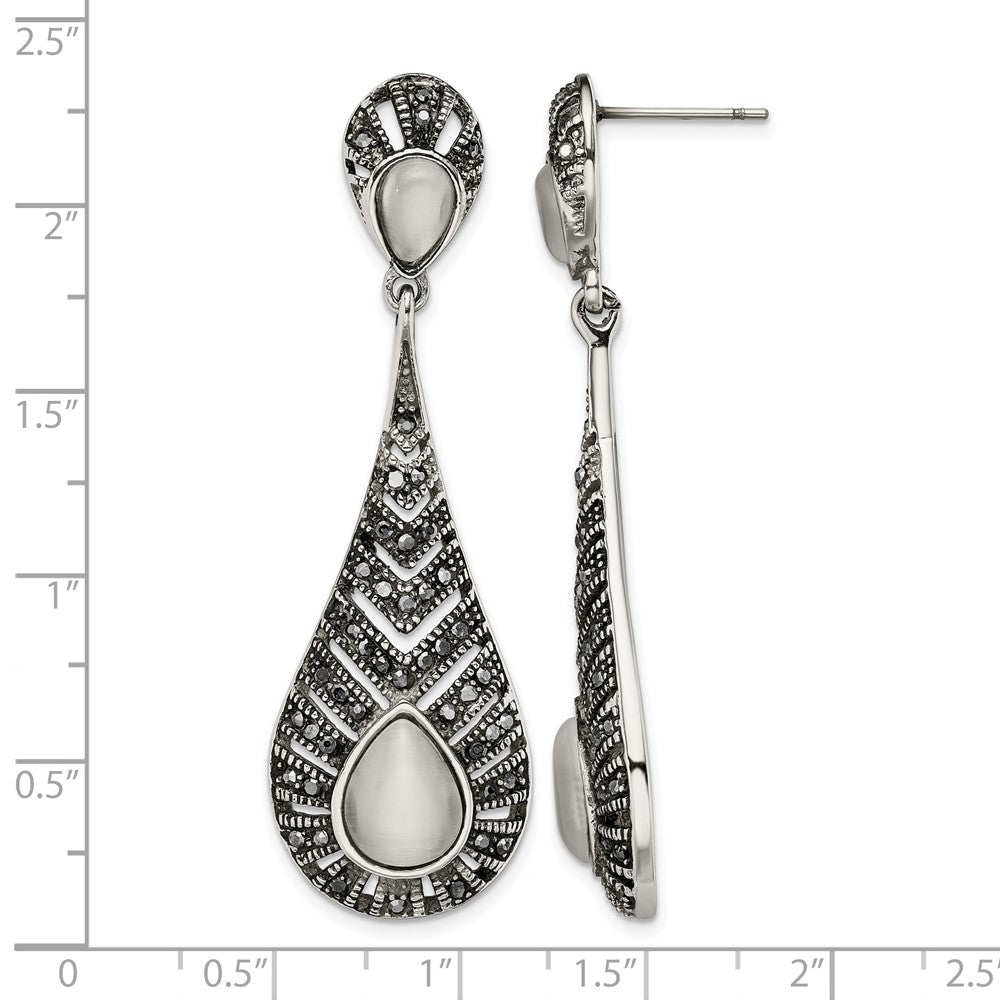 Stainless Steel Polished Marcasite Cat'S Eye Post Dangle Earrings
