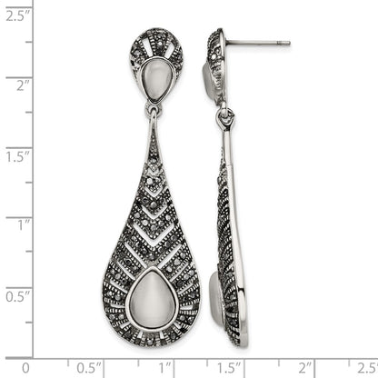 Stainless Steel Polished Marcasite Cat'S Eye Post Dangle Earrings