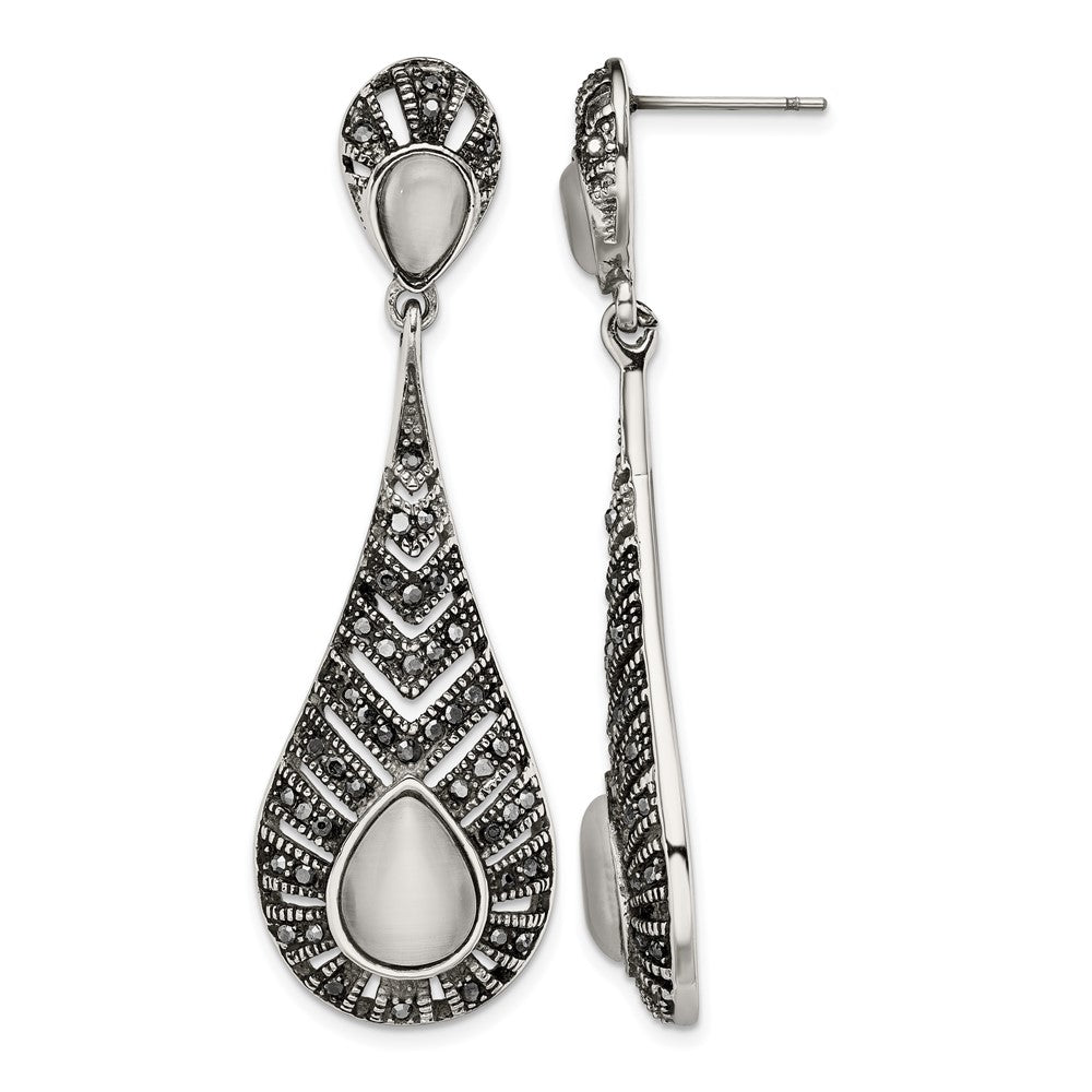 Stainless Steel Polished Marcasite Cat'S Eye Post Dangle Earrings