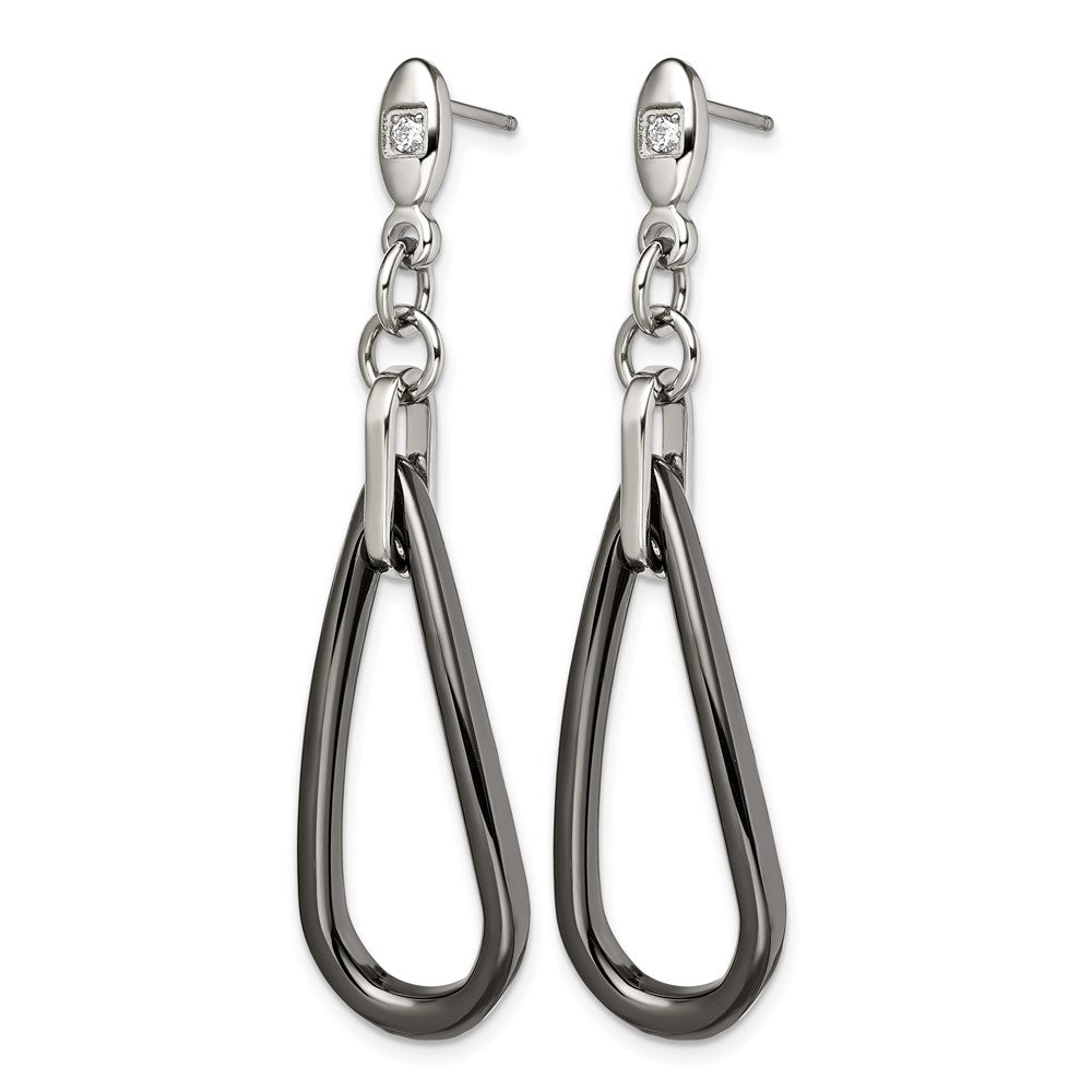 Stainless Steel Chisel Polished With Black Ceramic And Cz Dangle Post Earrings