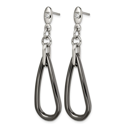 Stainless Steel Chisel Polished With Black Ceramic And Cz Dangle Post Earrings