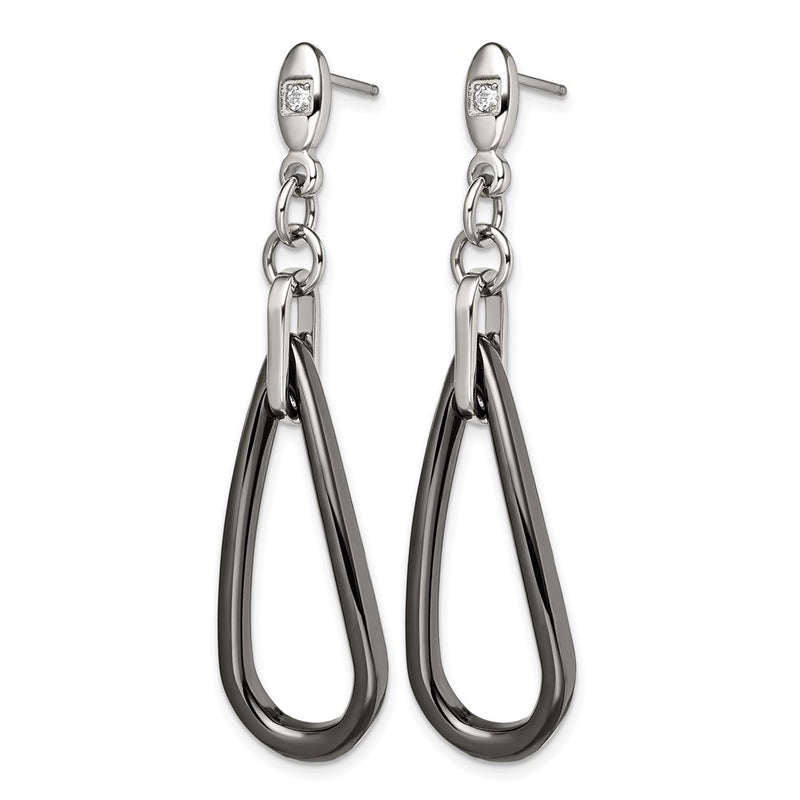 Stainless Steel Chisel Polished With Black Ceramic And Cz Dangle Post Earrings