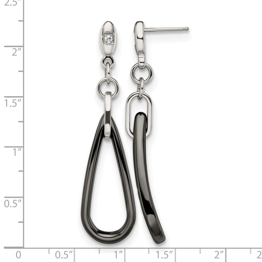 Stainless Steel Chisel Polished With Black Ceramic And Cz Dangle Post Earrings