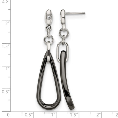 Stainless Steel Chisel Polished With Black Ceramic And Cz Dangle Post Earrings