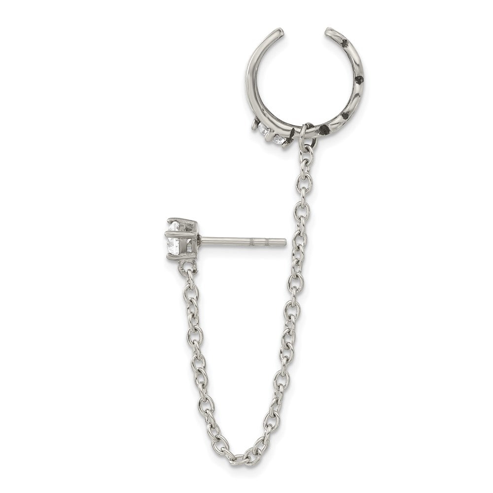 Stainless Steel Antiqued And Polished Cz Cuff Earring (Sold Single)