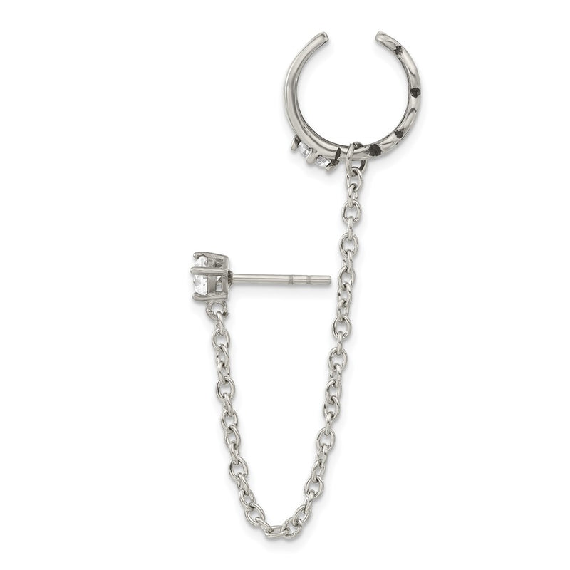 Stainless Steel Antiqued And Polished Cz Cuff Earring (Sold Single)