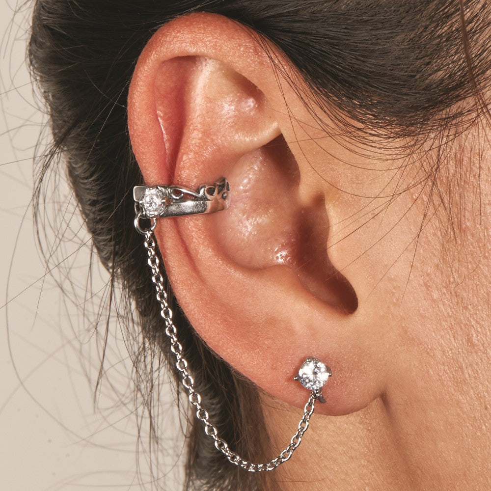 Stainless Steel Antiqued And Polished Cz Cuff Earring (Sold Single)