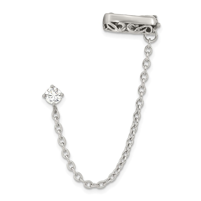 Stainless Steel Antiqued And Polished Cz Cuff Earring (Sold Single)