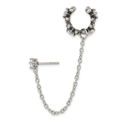 Stainless Steel Antiqued And Polished Cz Cuff Earring (Sold Single)