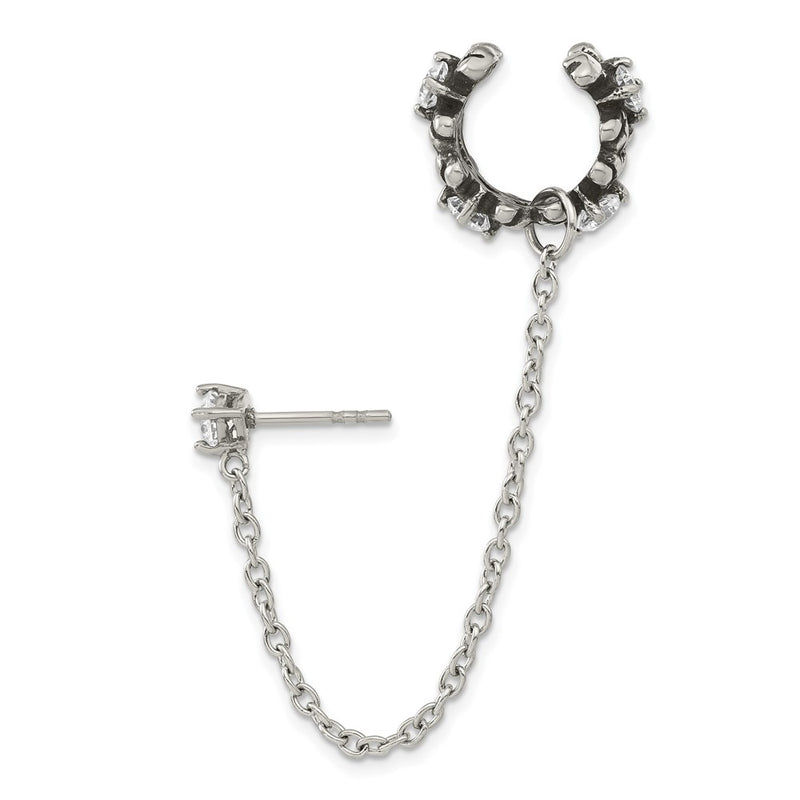 Stainless Steel Antiqued And Polished Cz Cuff Earring (Sold Single)