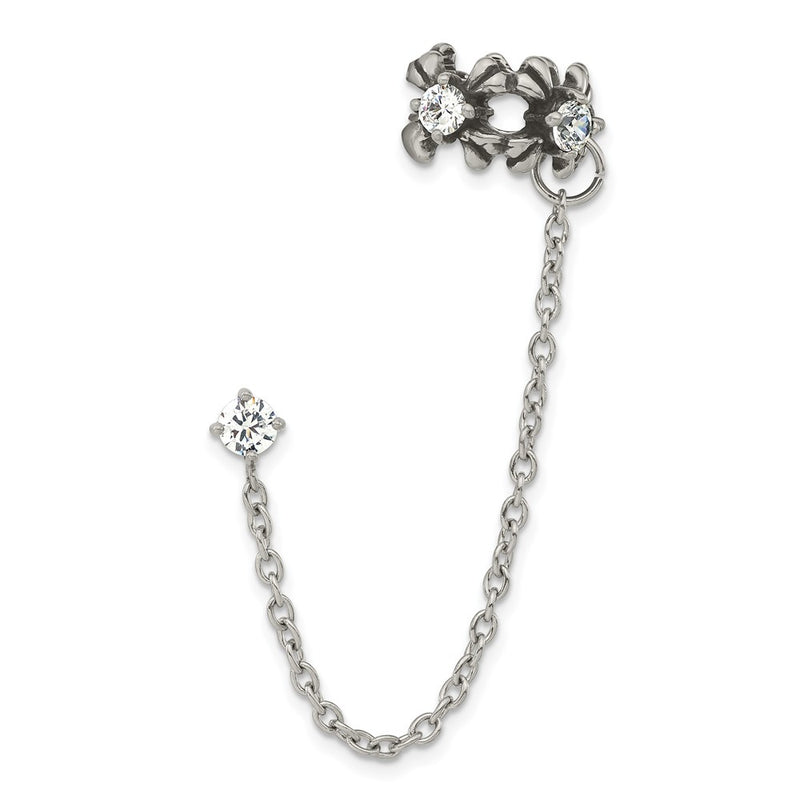 Stainless Steel Antiqued And Polished Cz Cuff Earring (Sold Single)