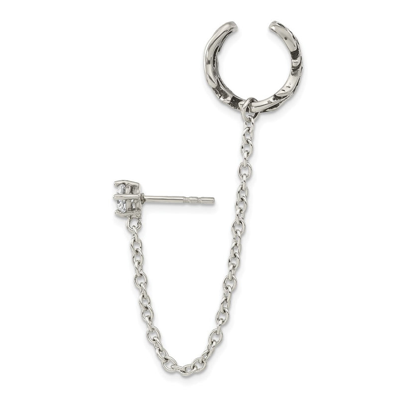 Stainless Steel Antiqued And Polished Cz Cuff Earring (Sold Single)