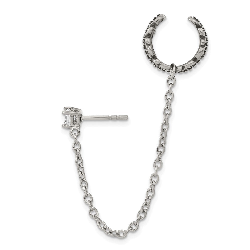 Stainless Steel Antiqued And Polished Cz Cuff Earring (Sold Single)
