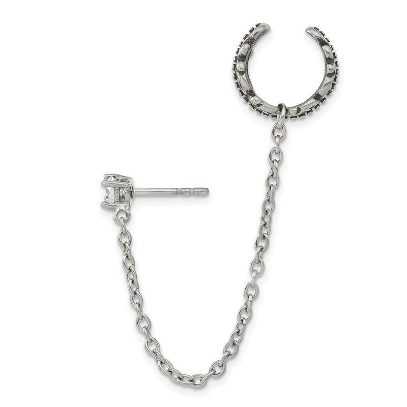 Stainless Steel Antiqued And Polished Cz Cuff Earring (Sold Single)