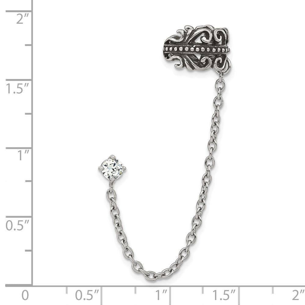 Stainless Steel Antiqued And Polished Cz Cuff Earring (Sold Single)
