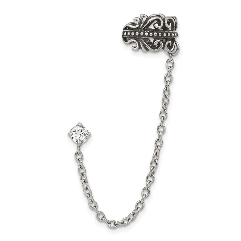 Stainless Steel Antiqued And Polished Cz Cuff Earring (Sold Single)