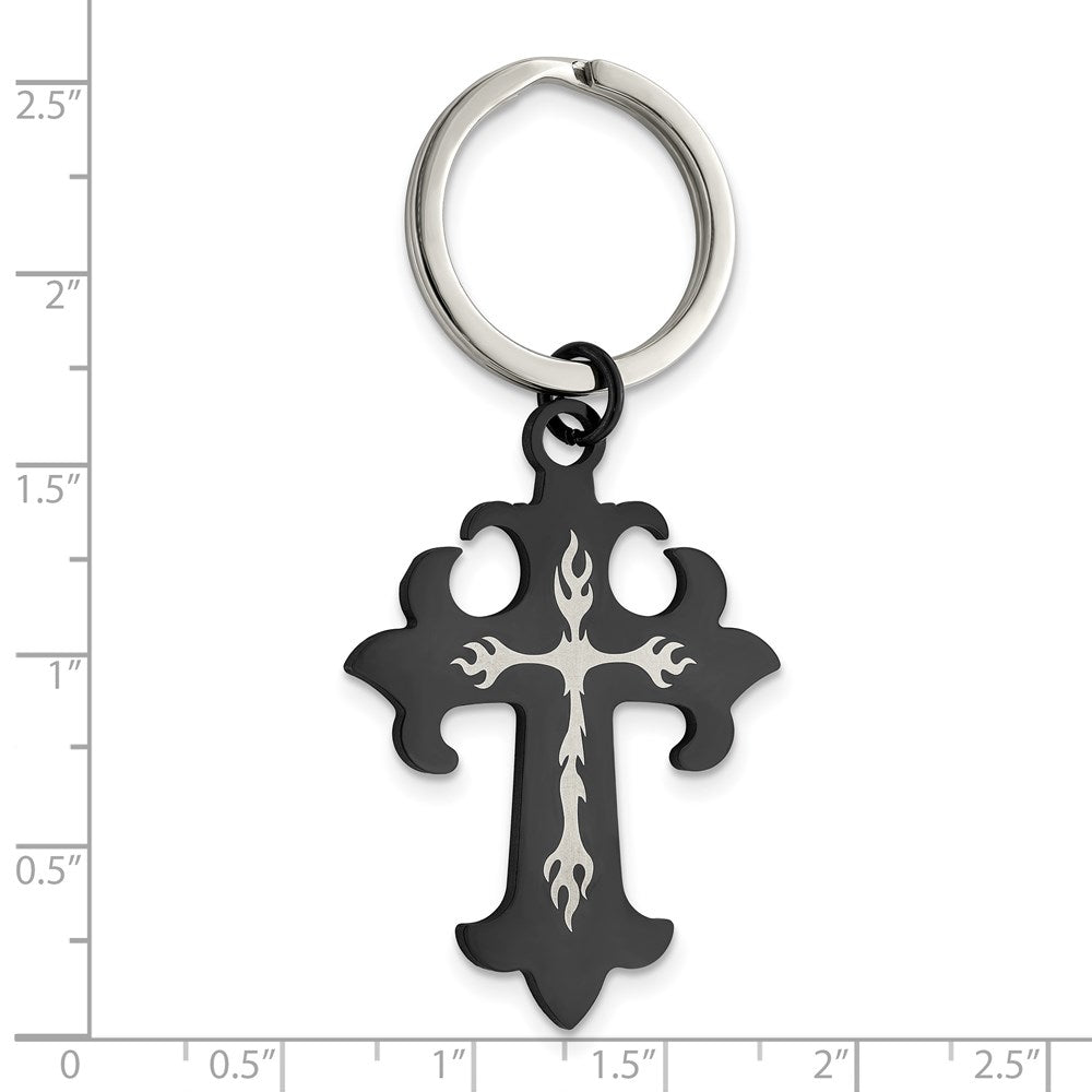 Stainless Steel Chisel Polished Black Ip-Plated Cross Key Ring